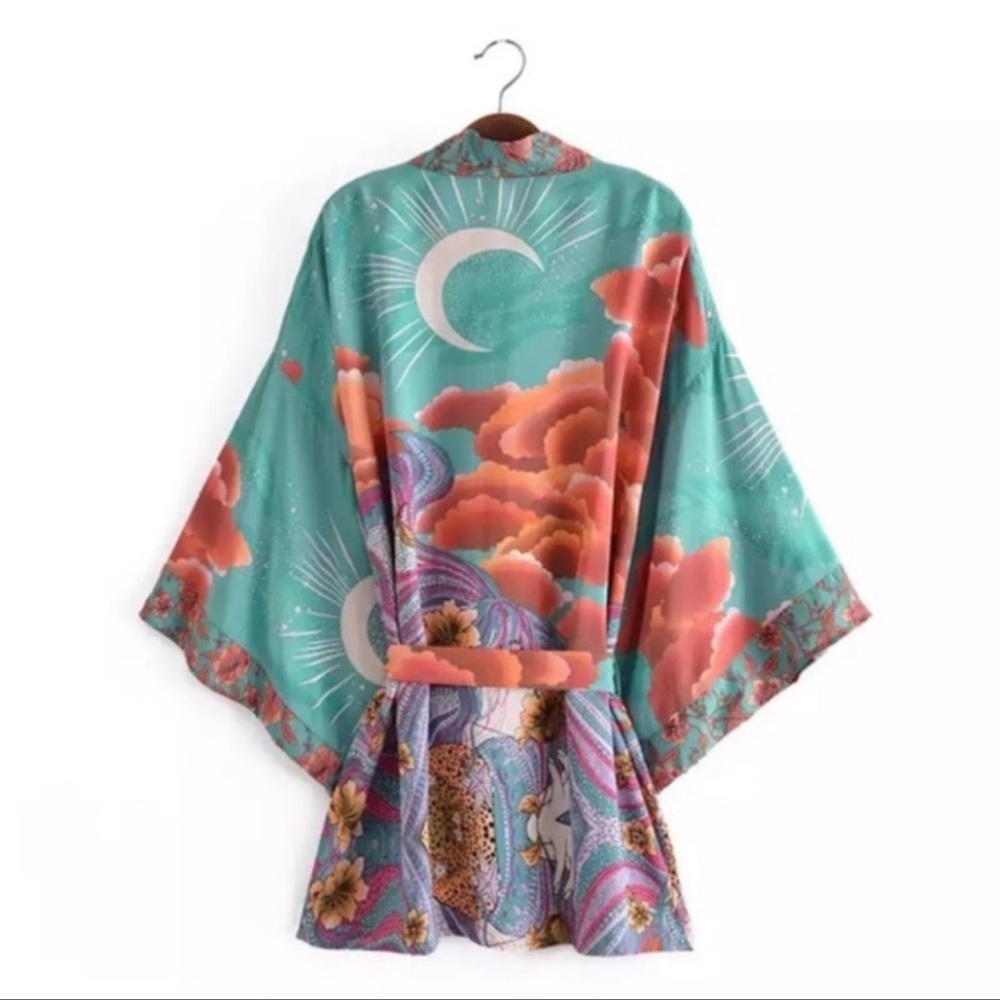 New Boho Open Front Kimono Top Floral Moon Print Beach Cover-Up Festival Jacket - Picture 3 of 13